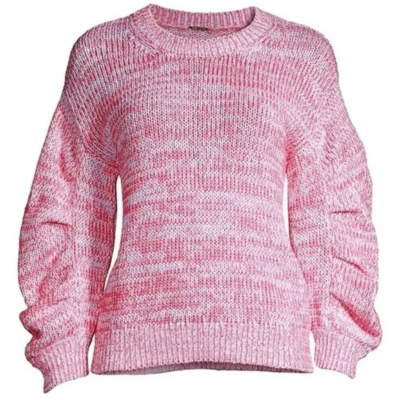 $275 ELIE TAHARI Puff Sleeve Sweater Pink Combo Peruvian 100% Cotton white M - Picture 1 of 14